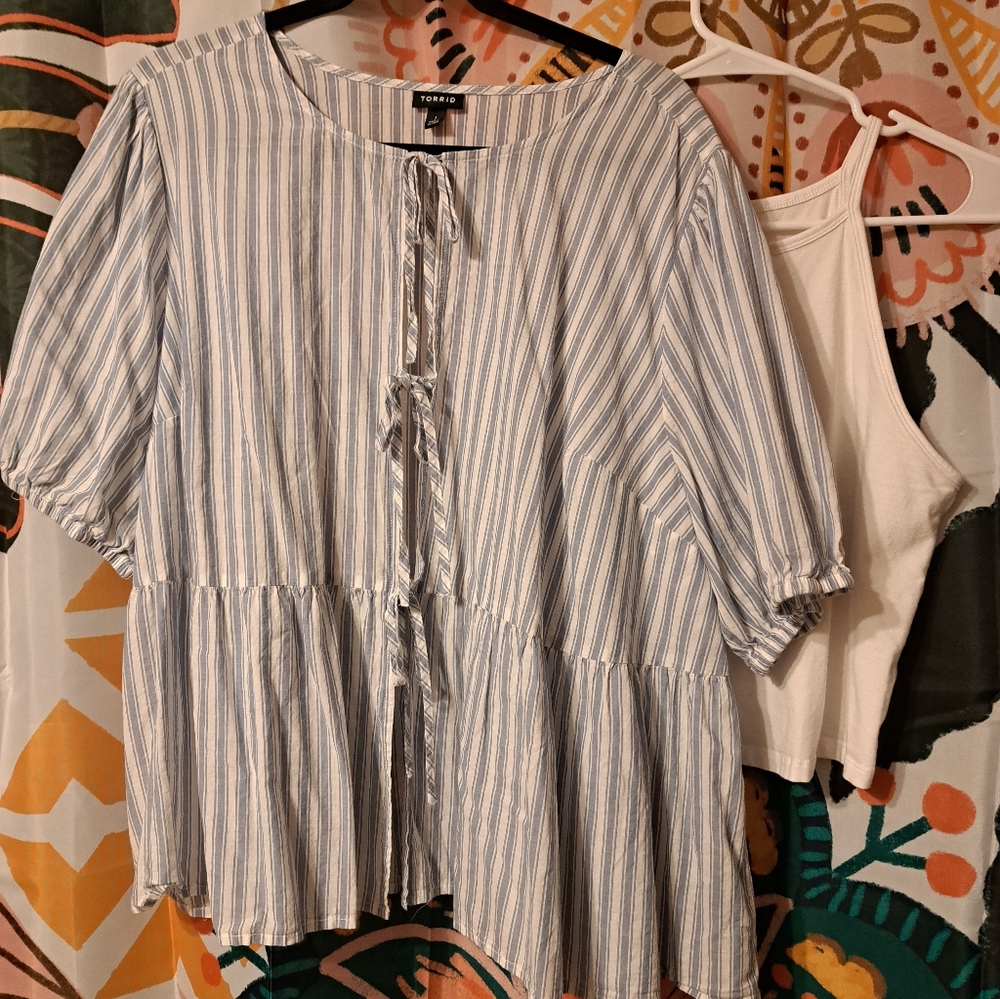 Torrid Light Blue and White Striped Blouse With White Cropped Tank